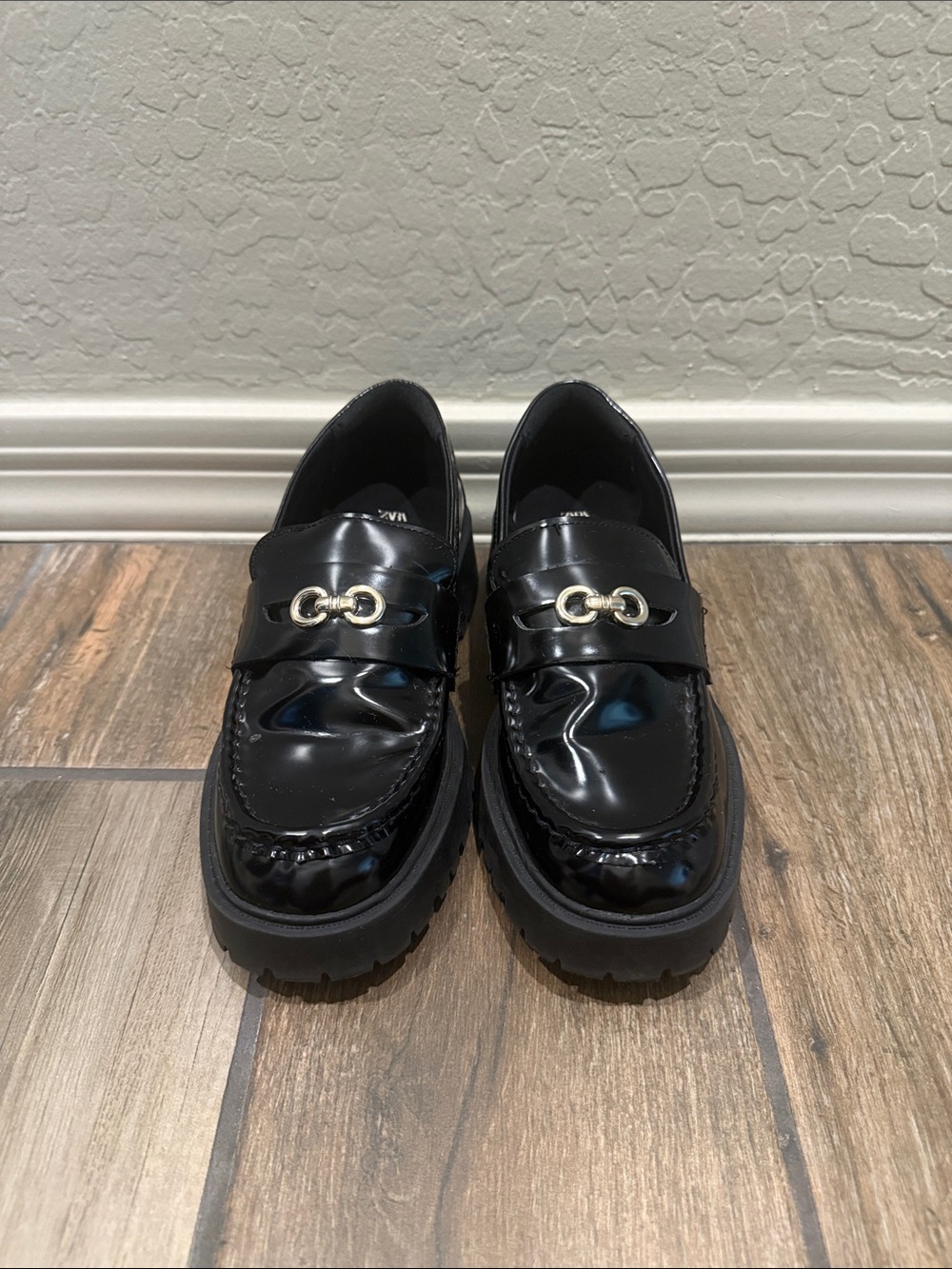 Kids Black Patent Loafers with Gold Accent